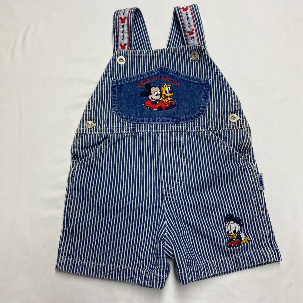 RARE Vintage Disney Baby Mickey Hickory Stripe Denim Overalls Shortalls 12M Blue